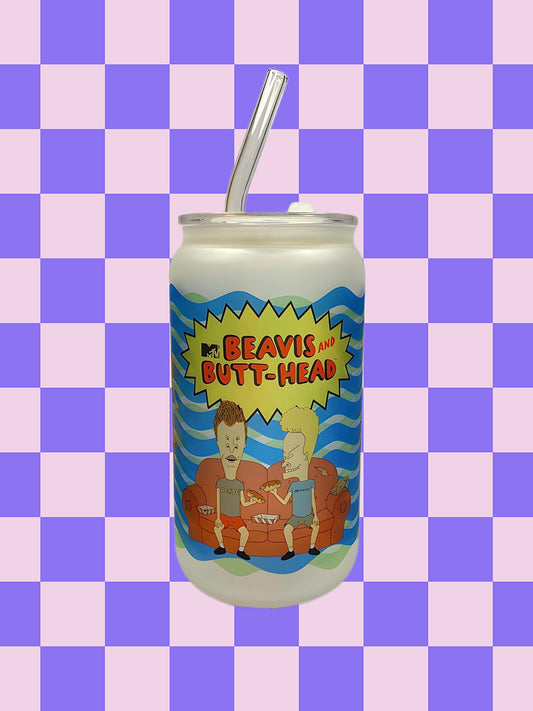 Beavis and Butthead 16 oz Frosted glass w/ lid and straw